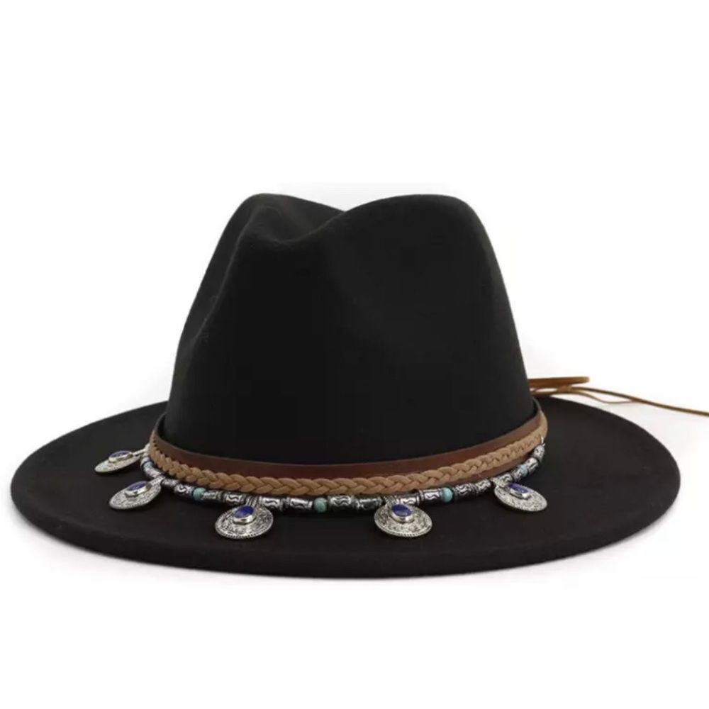 Black Wide Brim Fedora Hat Braided Leather Concho Band NWT